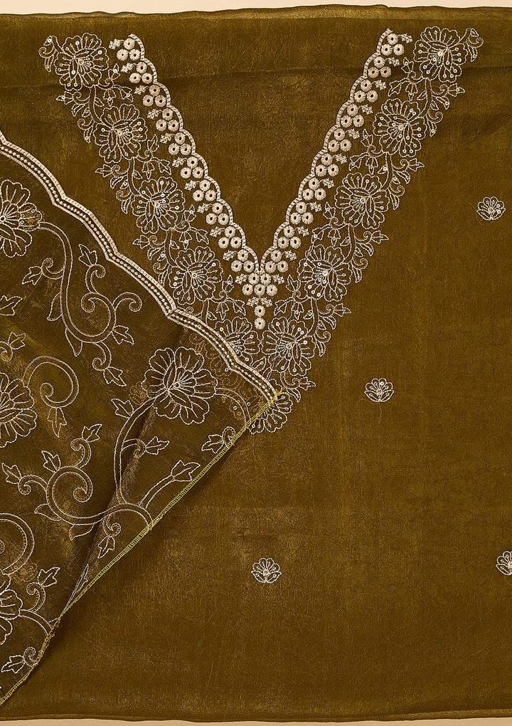 Mehendi Shimmer Threadwork Unstitched Dress Material With Matching Bottom And Dupatta