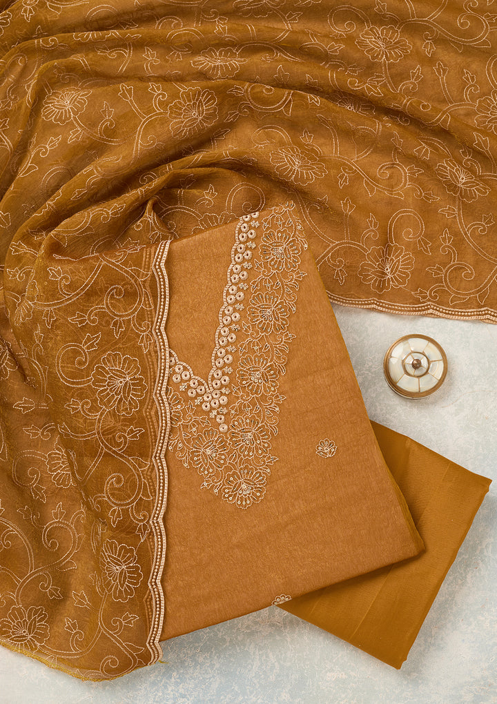 Mustard Shimmer Threadwork Unstitched Dress Material With Matching Bottom And Dupatta