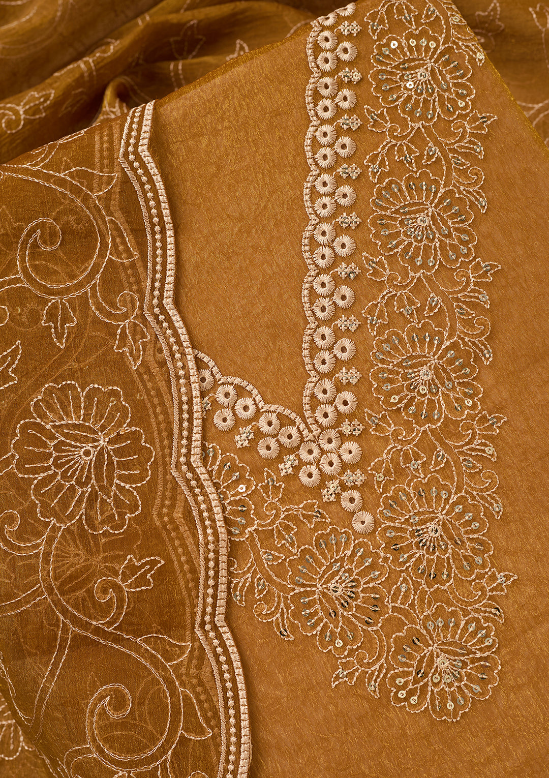 Mustard Shimmer Threadwork Unstitched Dress Material With Matching Bottom And Dupatta