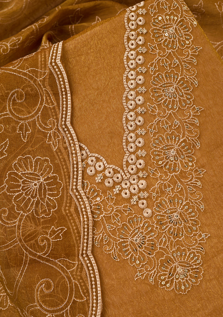 Mustard Shimmer Threadwork Unstitched Dress Material With Matching Bottom And Dupatta