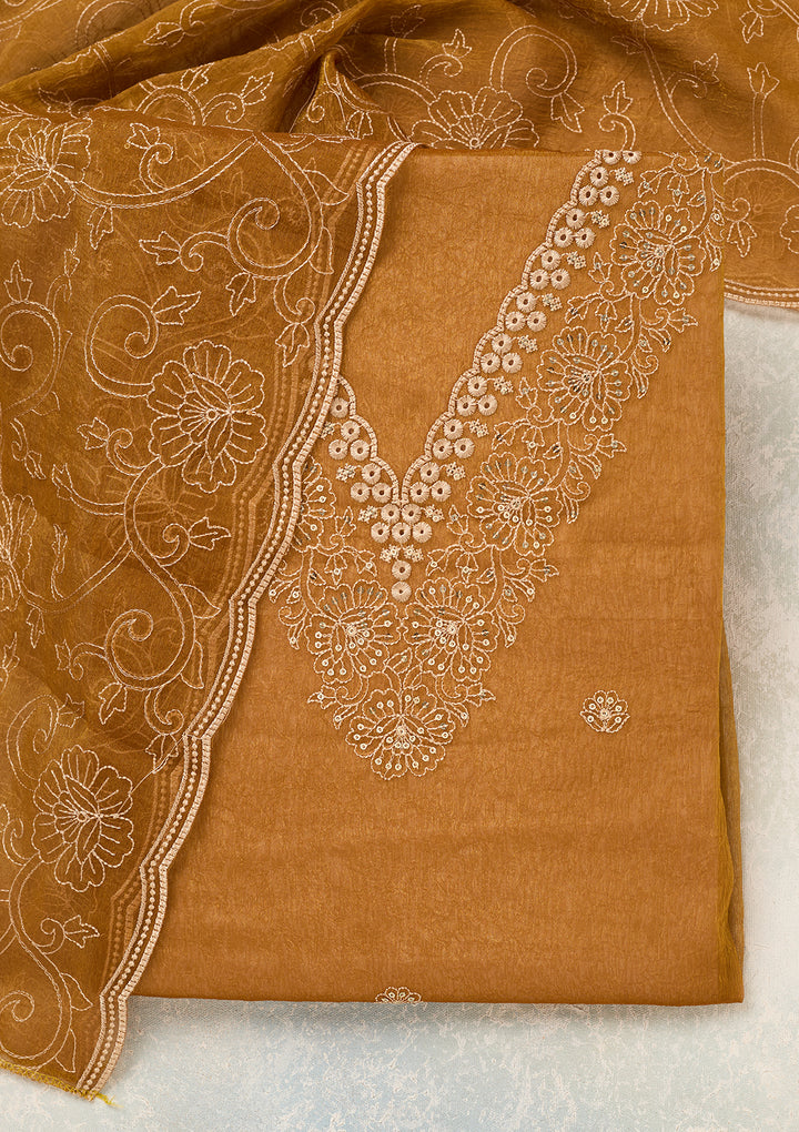 Mustard Shimmer Threadwork Unstitched Dress Material With Matching Bottom And Dupatta