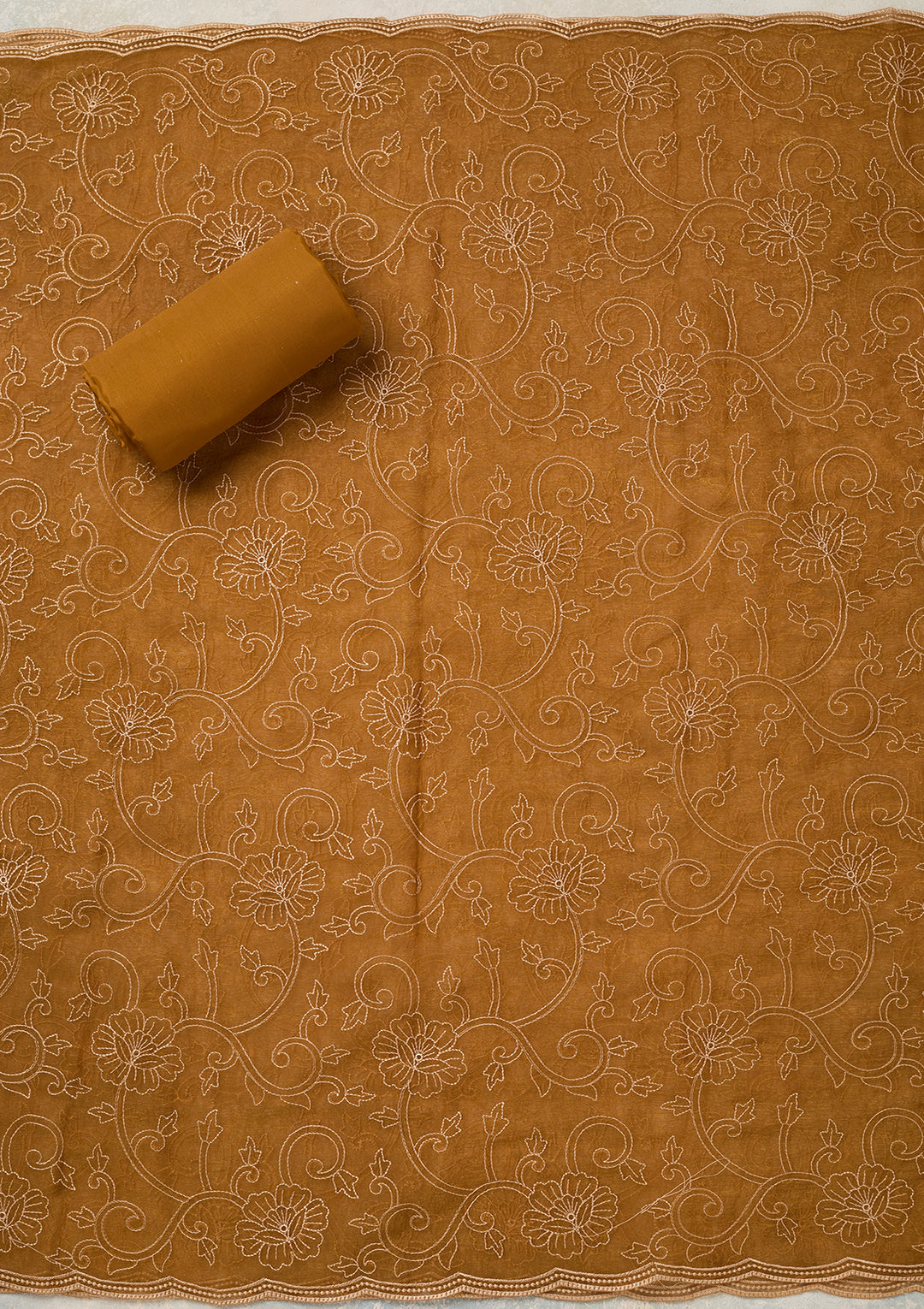 Mustard Shimmer Threadwork Unstitched Dress Material With Matching Bottom And Dupatta