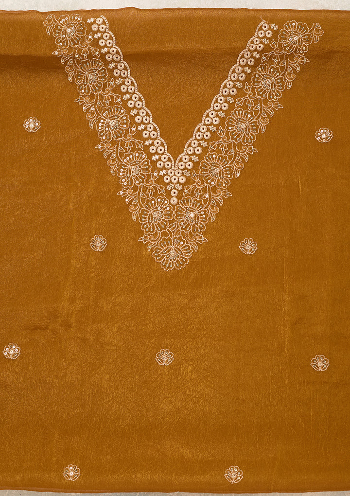 Mustard Shimmer Threadwork Unstitched Dress Material With Matching Bottom And Dupatta