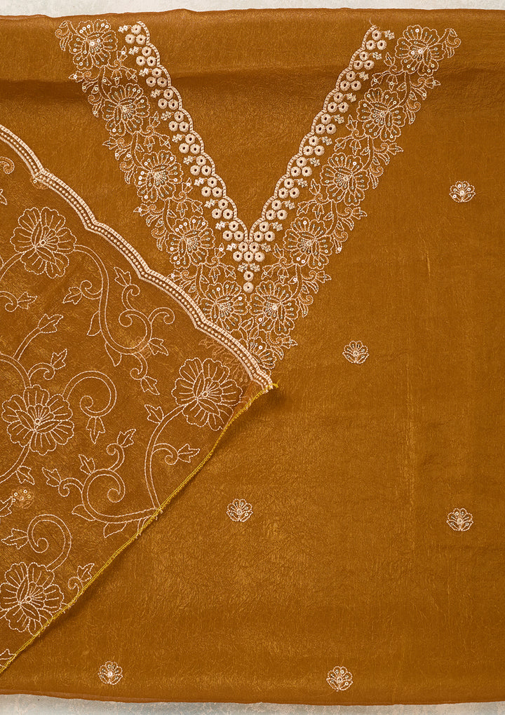 Mustard Shimmer Threadwork Unstitched Dress Material With Matching Bottom And Dupatta