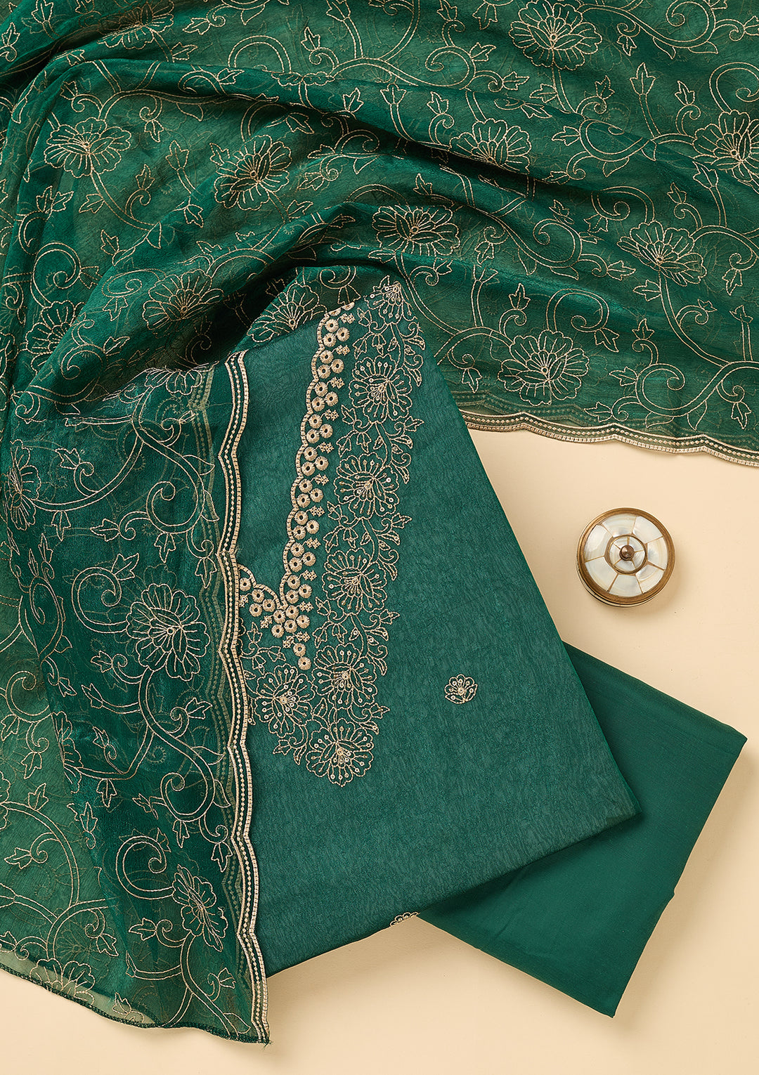 Peacock Green Shimmer Threadwork Unstitched Dress Material With Matching Bottom And Dupatta
