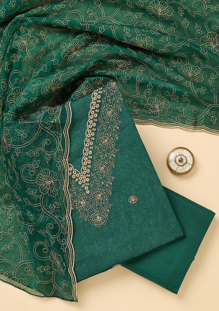 Peacock Green Shimmer Threadwork Unstitched Dress Material With Matching Bottom And Dupatta