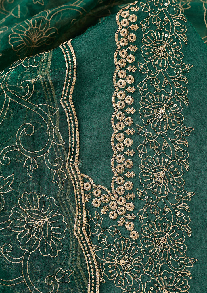 Peacock Green Shimmer Threadwork Unstitched Dress Material With Matching Bottom And Dupatta