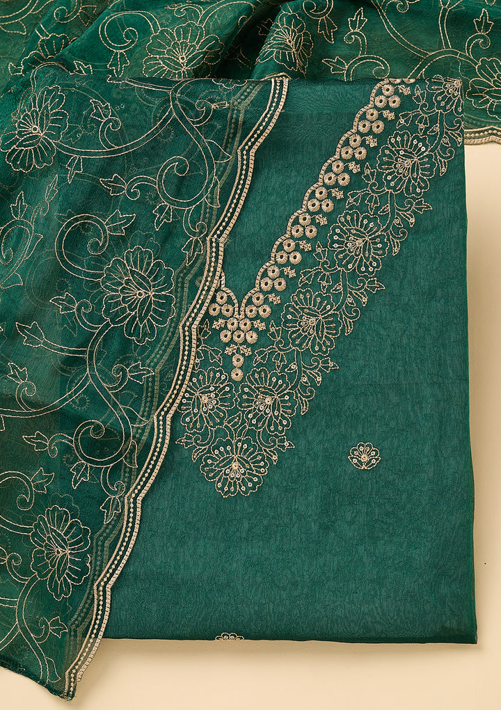 Peacock Green Shimmer Threadwork Unstitched Dress Material With Matching Bottom And Dupatta