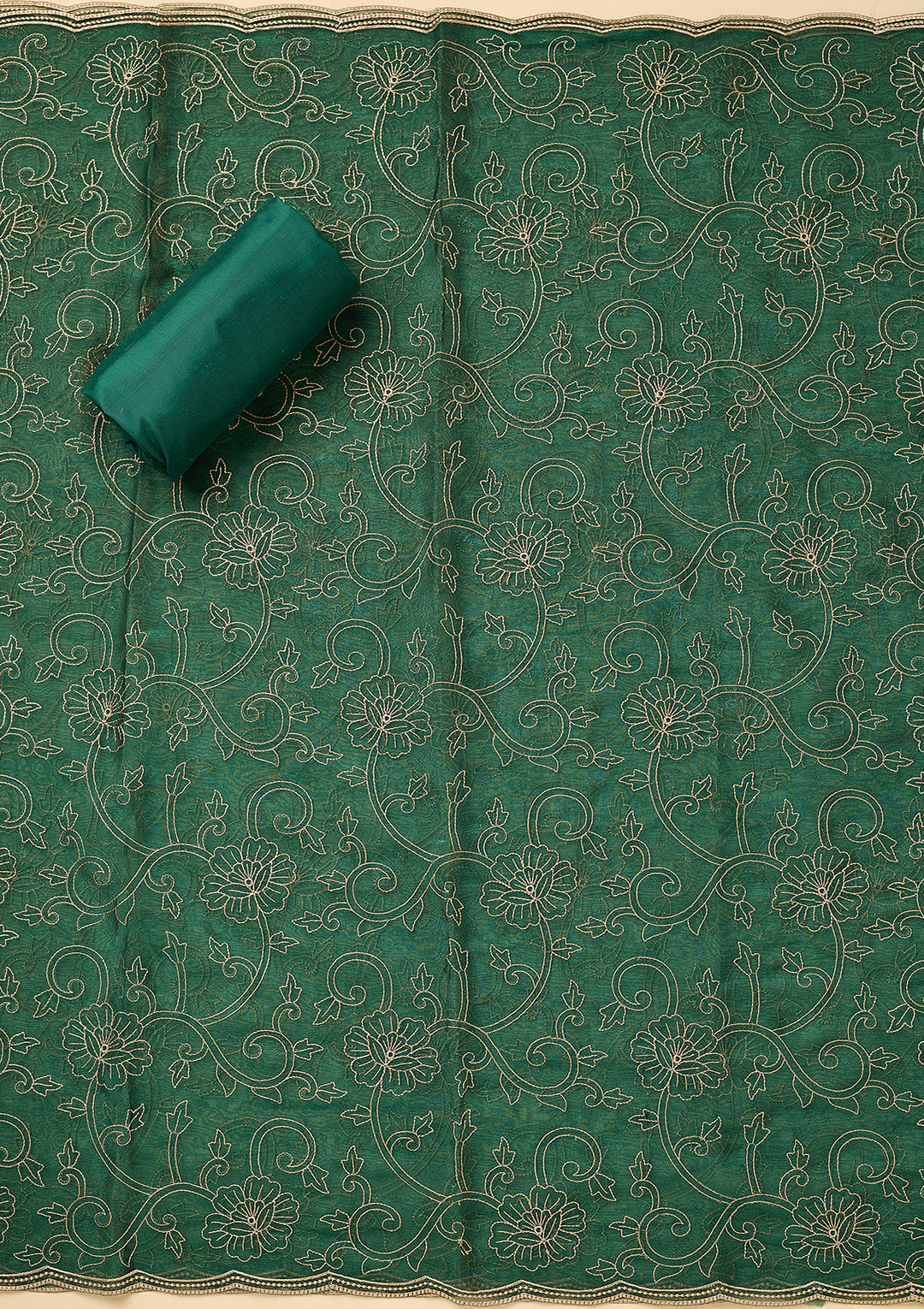 Peacock Green Shimmer Threadwork Unstitched Dress Material With Matching Bottom And Dupatta