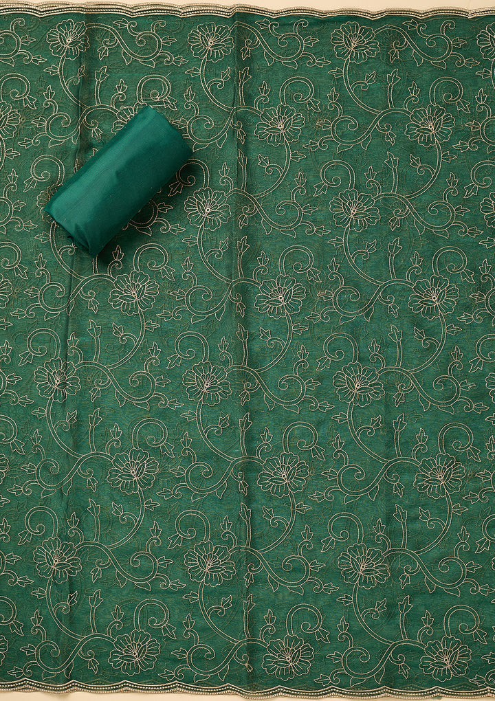 Peacock Green Shimmer Threadwork Unstitched Dress Material With Matching Bottom And Dupatta