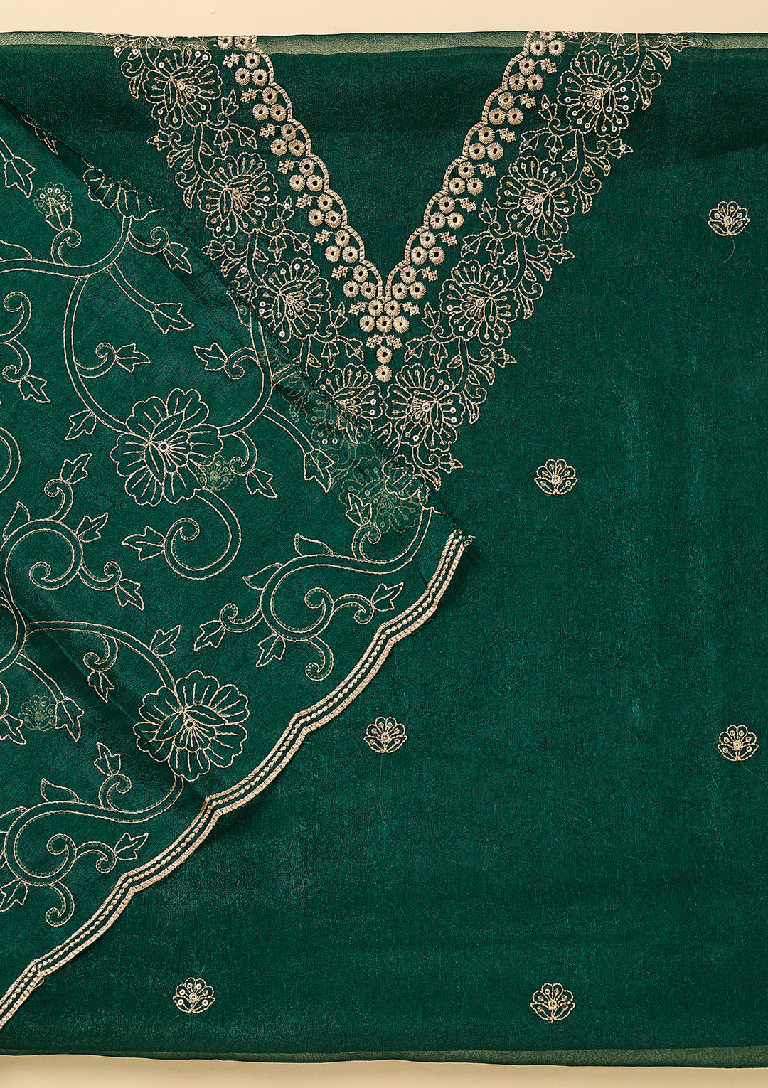 Peacock Green Shimmer Threadwork Unstitched Dress Material With Matching Bottom And Dupatta
