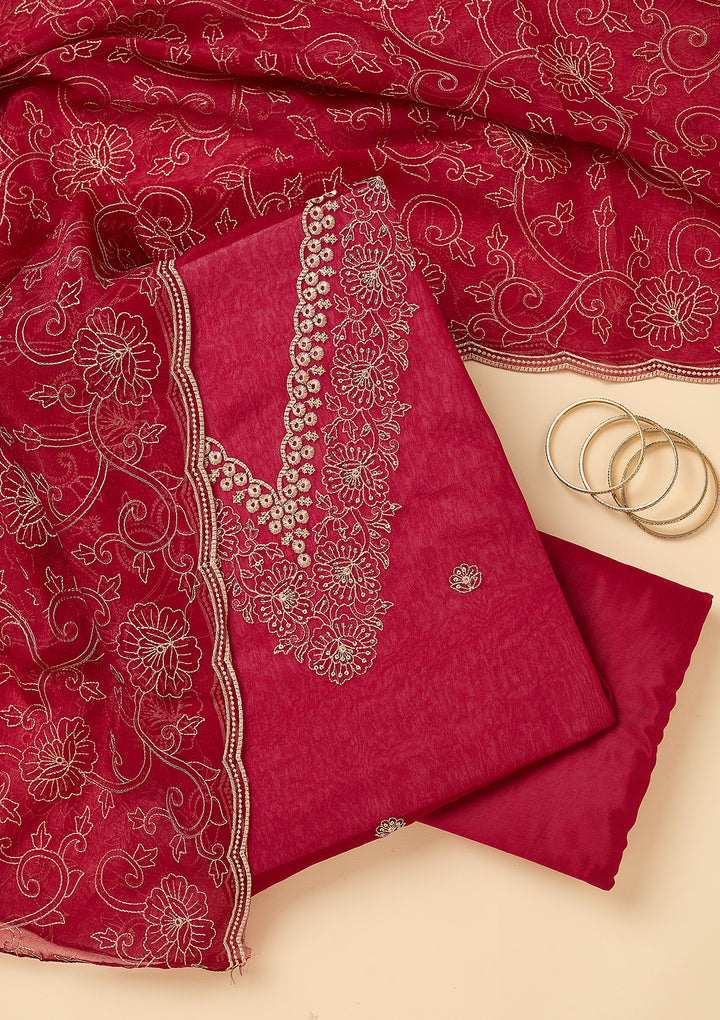 Rani Pink Shimmer Threadwork Unstitched Dress Material With Matching Bottom And Dupatta