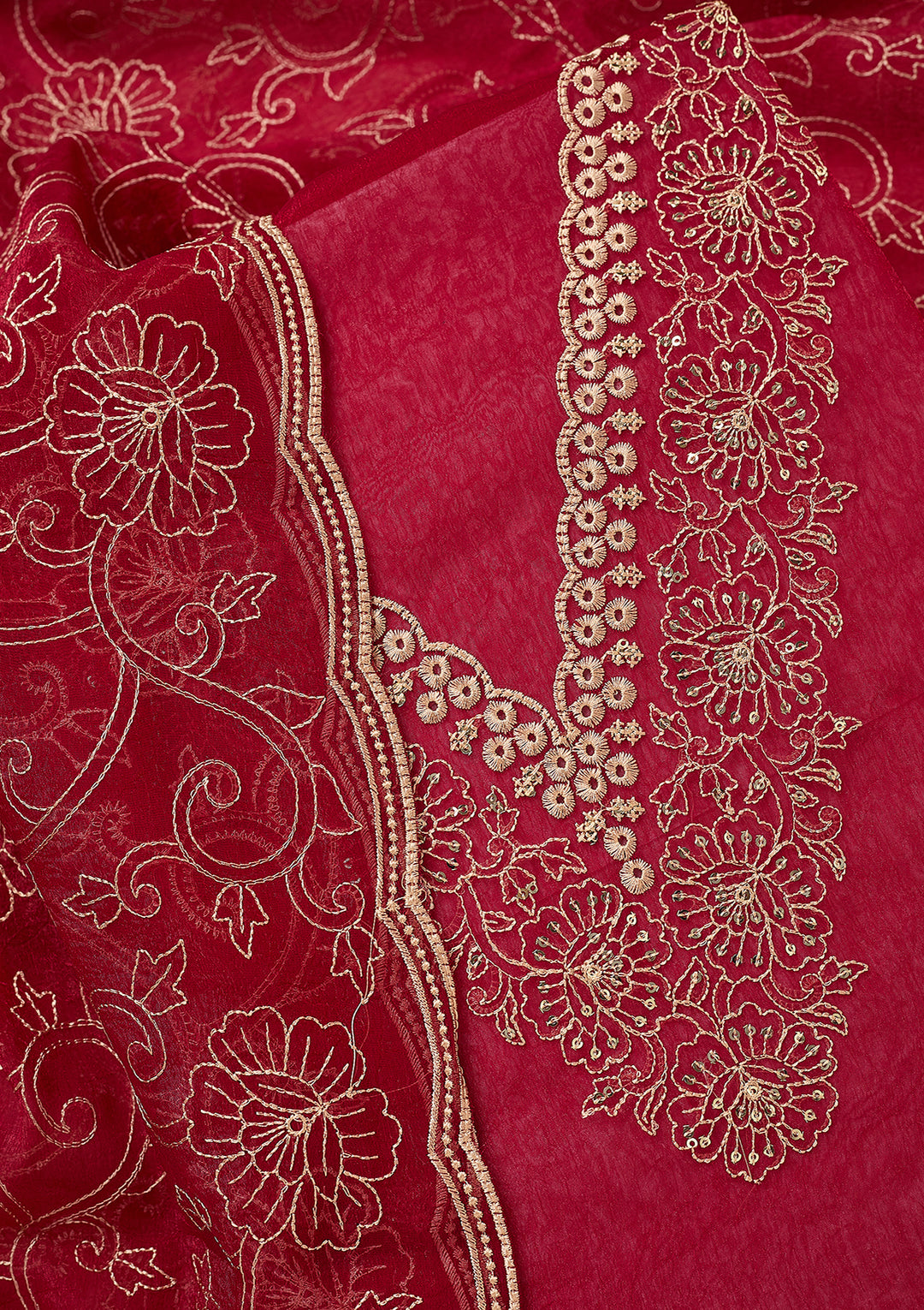 Rani Pink Shimmer Threadwork Unstitched Dress Material With Matching Bottom And Dupatta