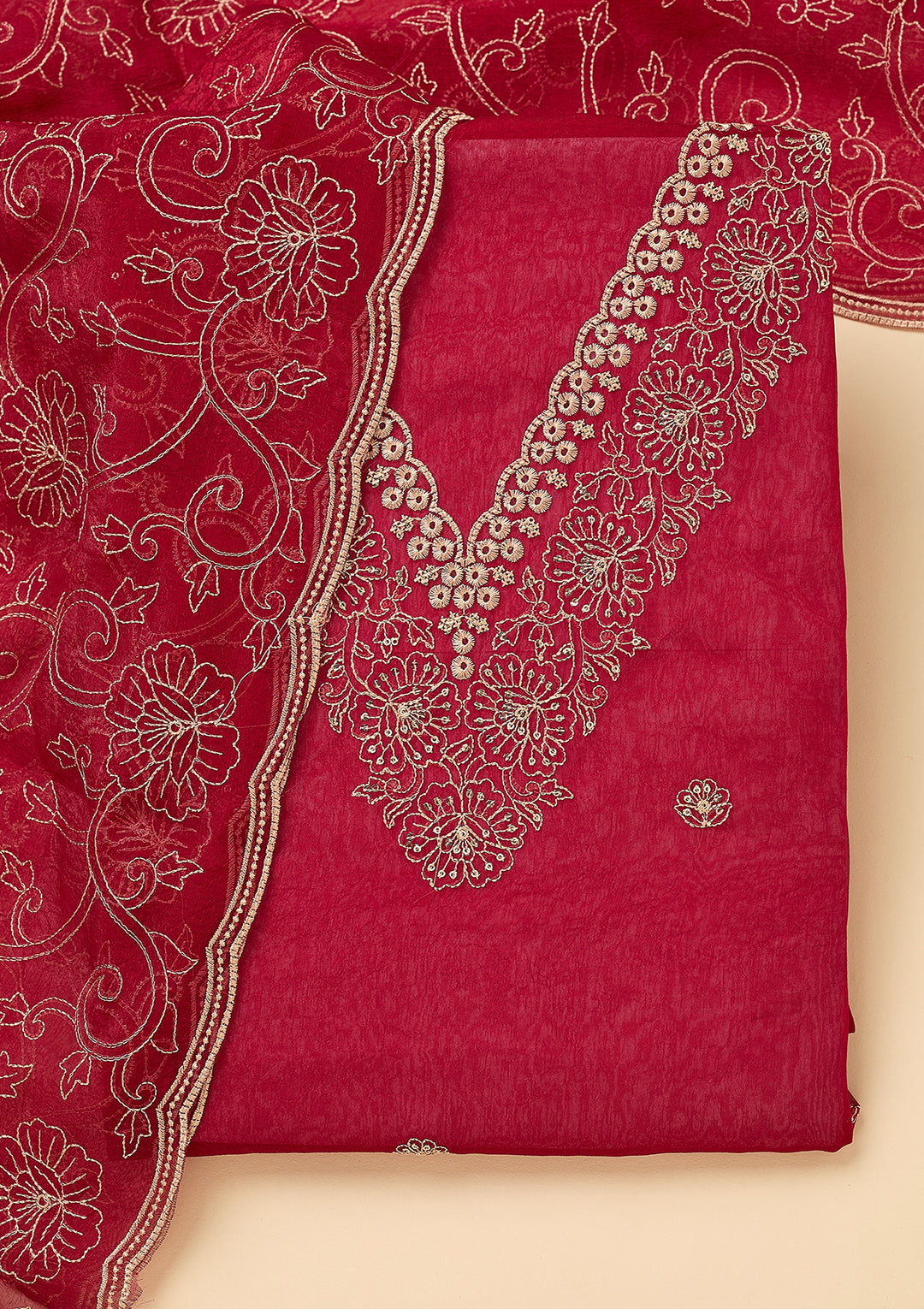 Rani Pink Shimmer Threadwork Unstitched Dress Material With Matching Bottom And Dupatta