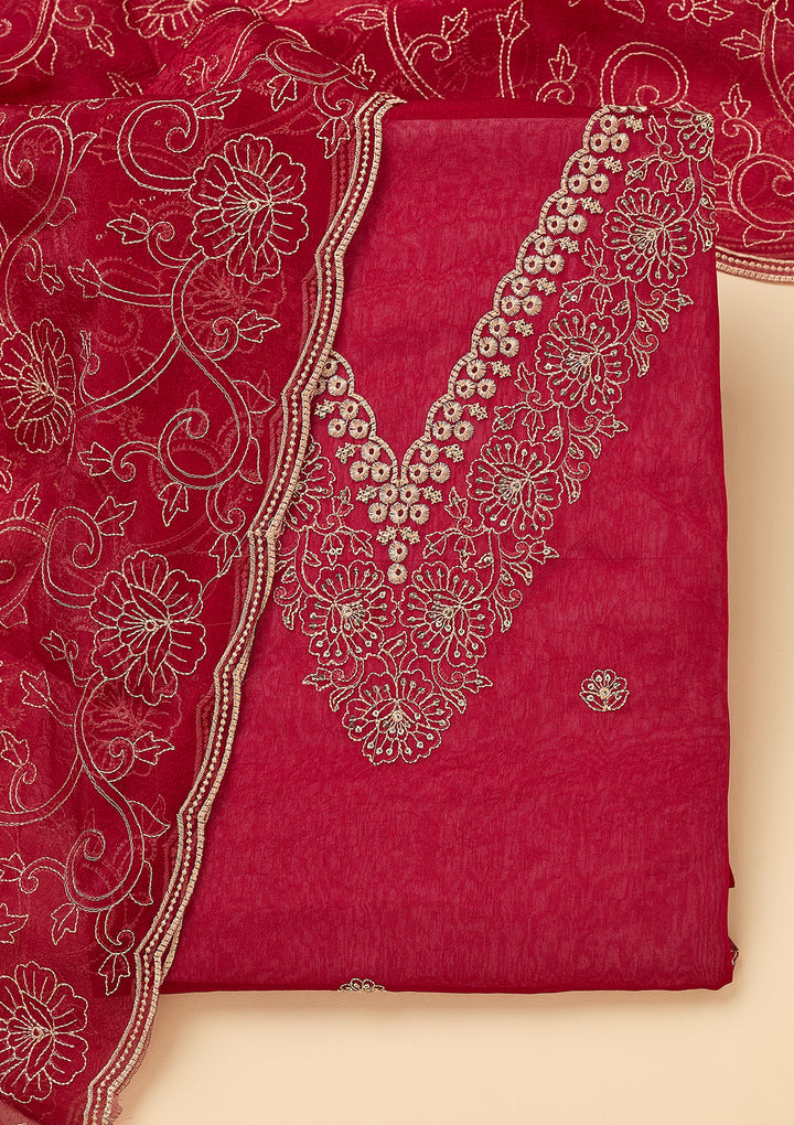 Rani Pink Shimmer Threadwork Unstitched Dress Material With Matching Bottom And Dupatta