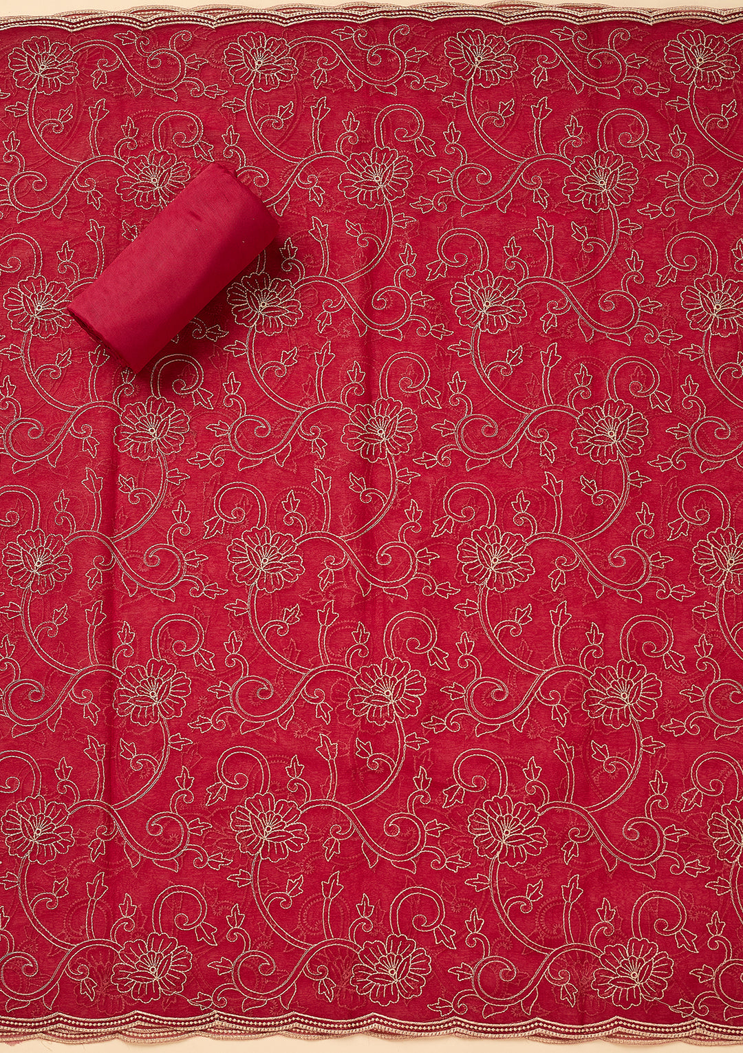Rani Pink Shimmer Threadwork Unstitched Dress Material With Matching Bottom And Dupatta