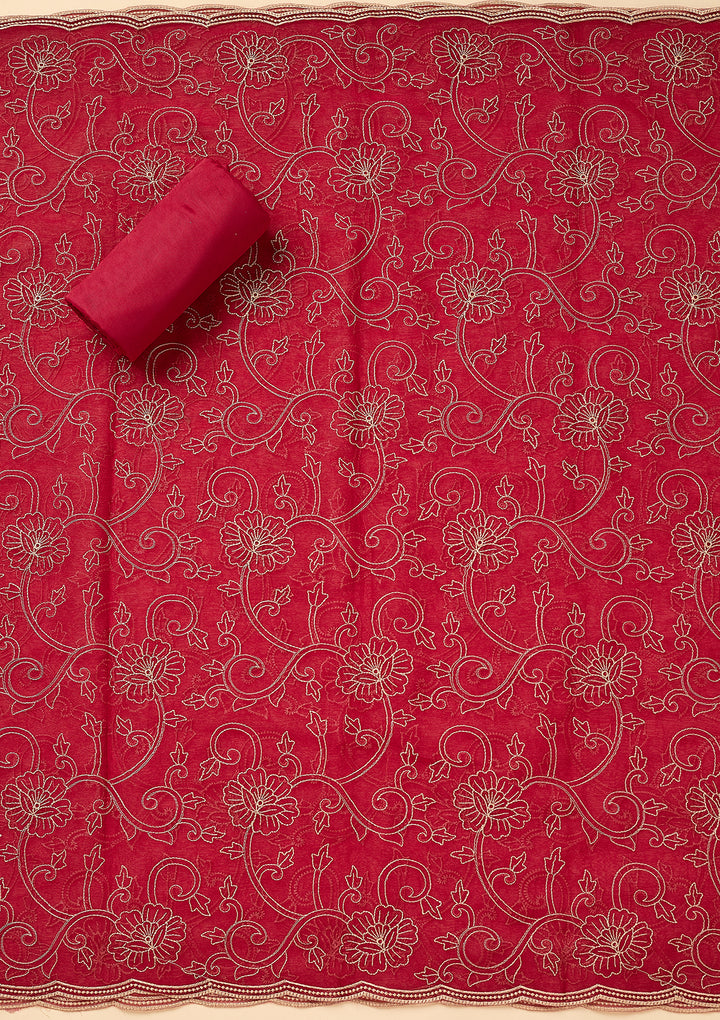 Rani Pink Shimmer Threadwork Unstitched Dress Material With Matching Bottom And Dupatta