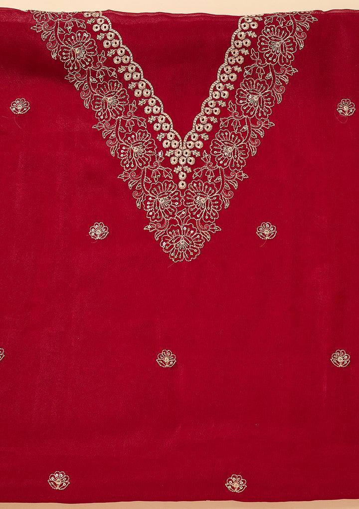Rani Pink Shimmer Threadwork Unstitched Dress Material With Matching Bottom And Dupatta