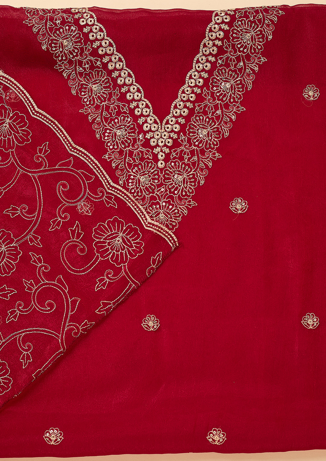 Rani Pink Shimmer Threadwork Unstitched Dress Material With Matching Bottom And Dupatta