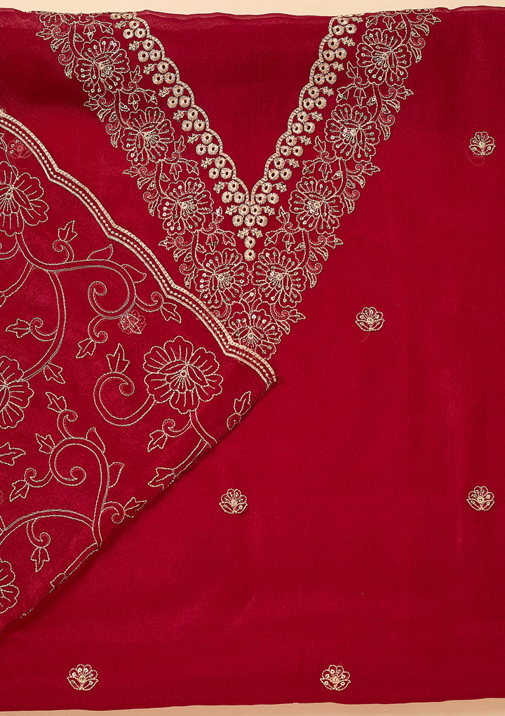 Rani Pink Shimmer Threadwork Unstitched Dress Material With Matching Bottom And Dupatta