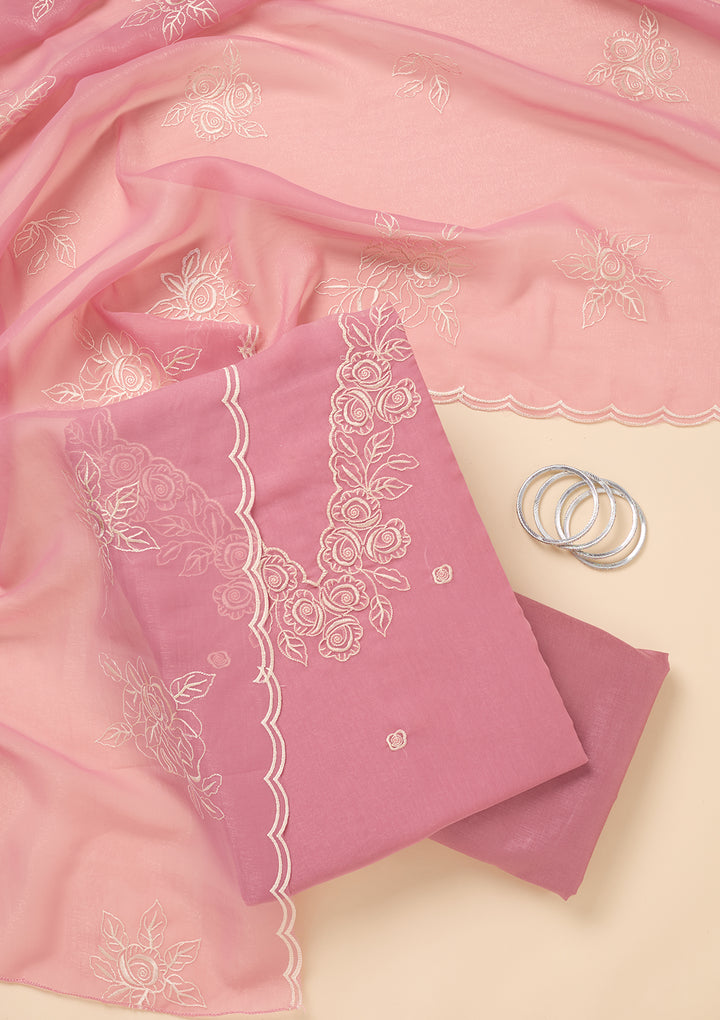Baby Pink Tissue Threadwork Unstitched Dress Material With Matching Bottom And Dupatta