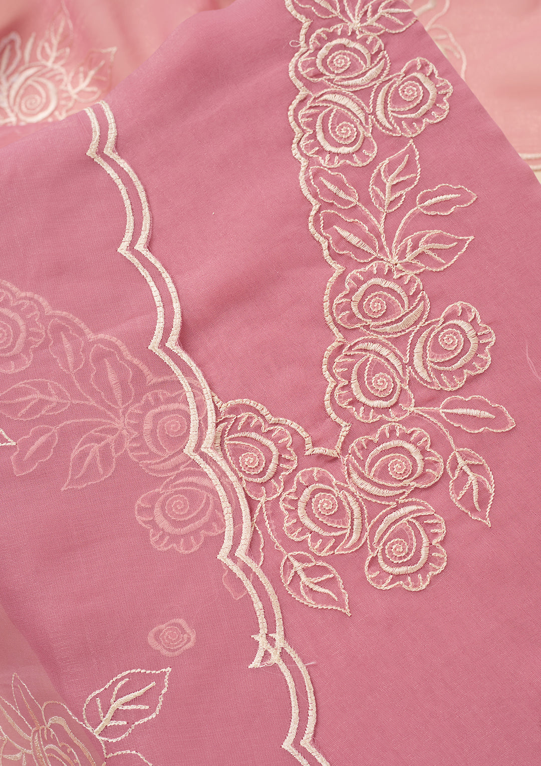 Baby Pink Tissue Threadwork Unstitched Dress Material With Matching Bottom And Dupatta