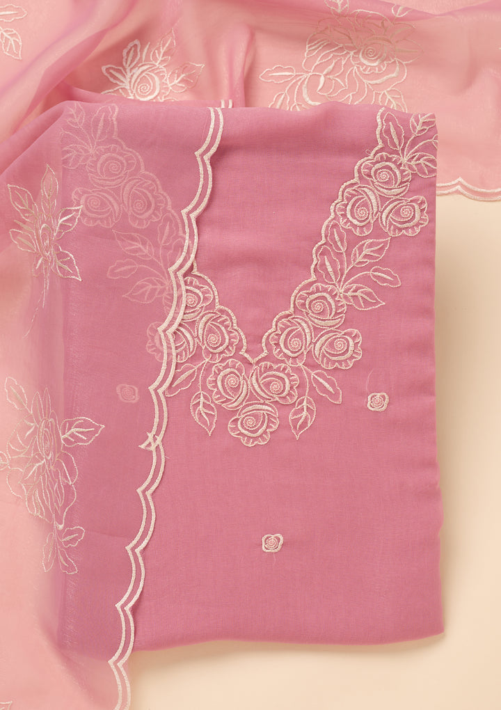 Baby Pink Tissue Threadwork Unstitched Dress Material With Matching Bottom And Dupatta