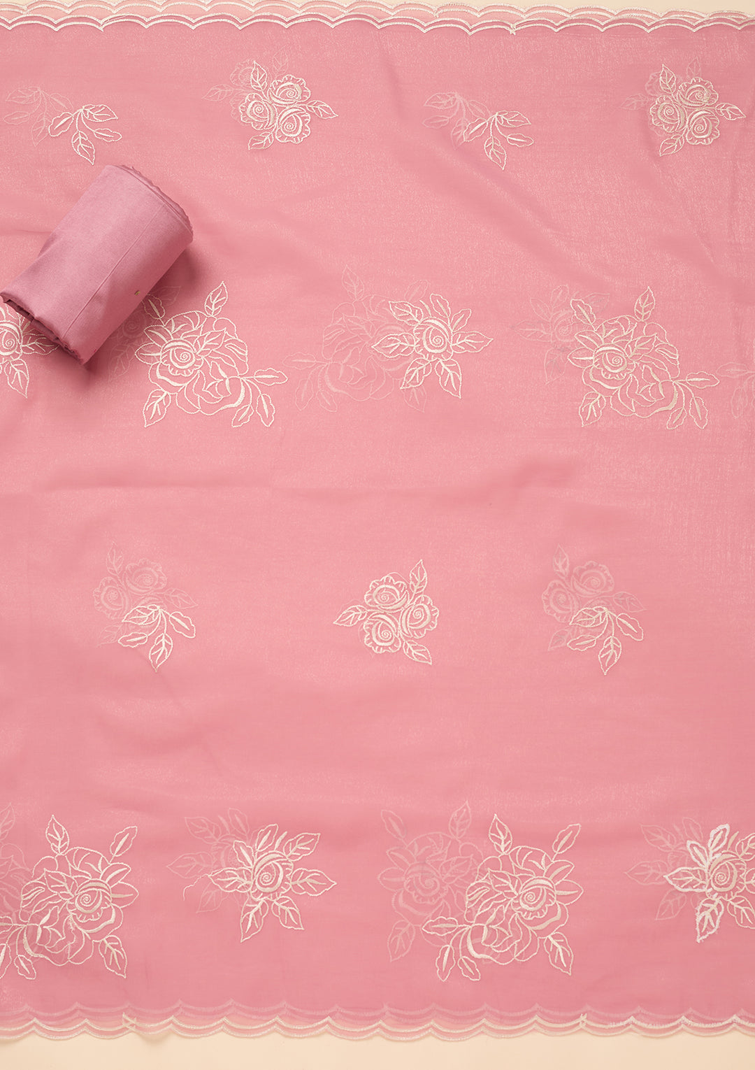 Baby Pink Tissue Threadwork Unstitched Dress Material With Matching Bottom And Dupatta