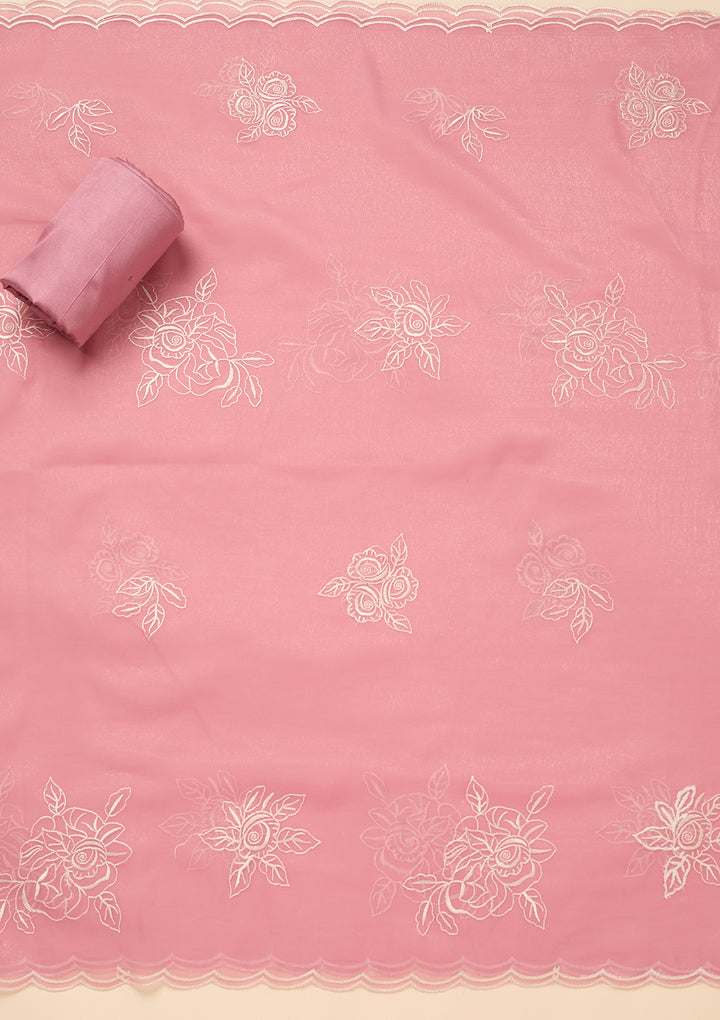 Baby Pink Tissue Threadwork Unstitched Dress Material With Matching Bottom And Dupatta