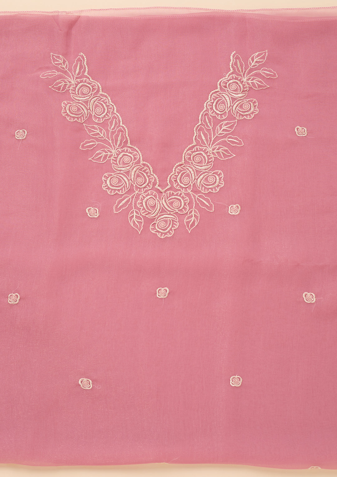 Baby Pink Tissue Threadwork Unstitched Dress Material With Matching Bottom And Dupatta