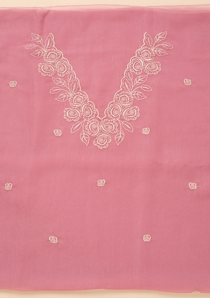 Baby Pink Tissue Threadwork Unstitched Dress Material With Matching Bottom And Dupatta