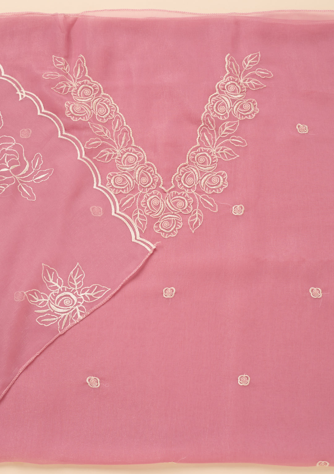Baby Pink Tissue Threadwork Unstitched Dress Material With Matching Bottom And Dupatta