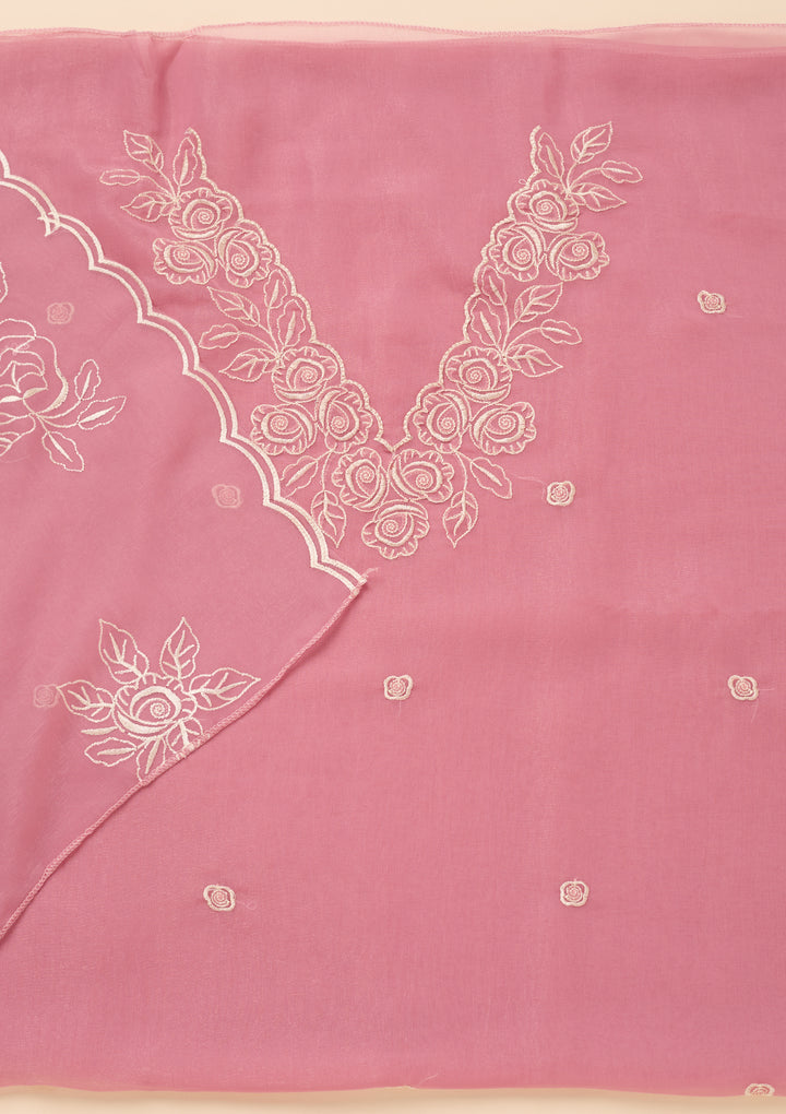 Baby Pink Tissue Threadwork Unstitched Dress Material With Matching Bottom And Dupatta