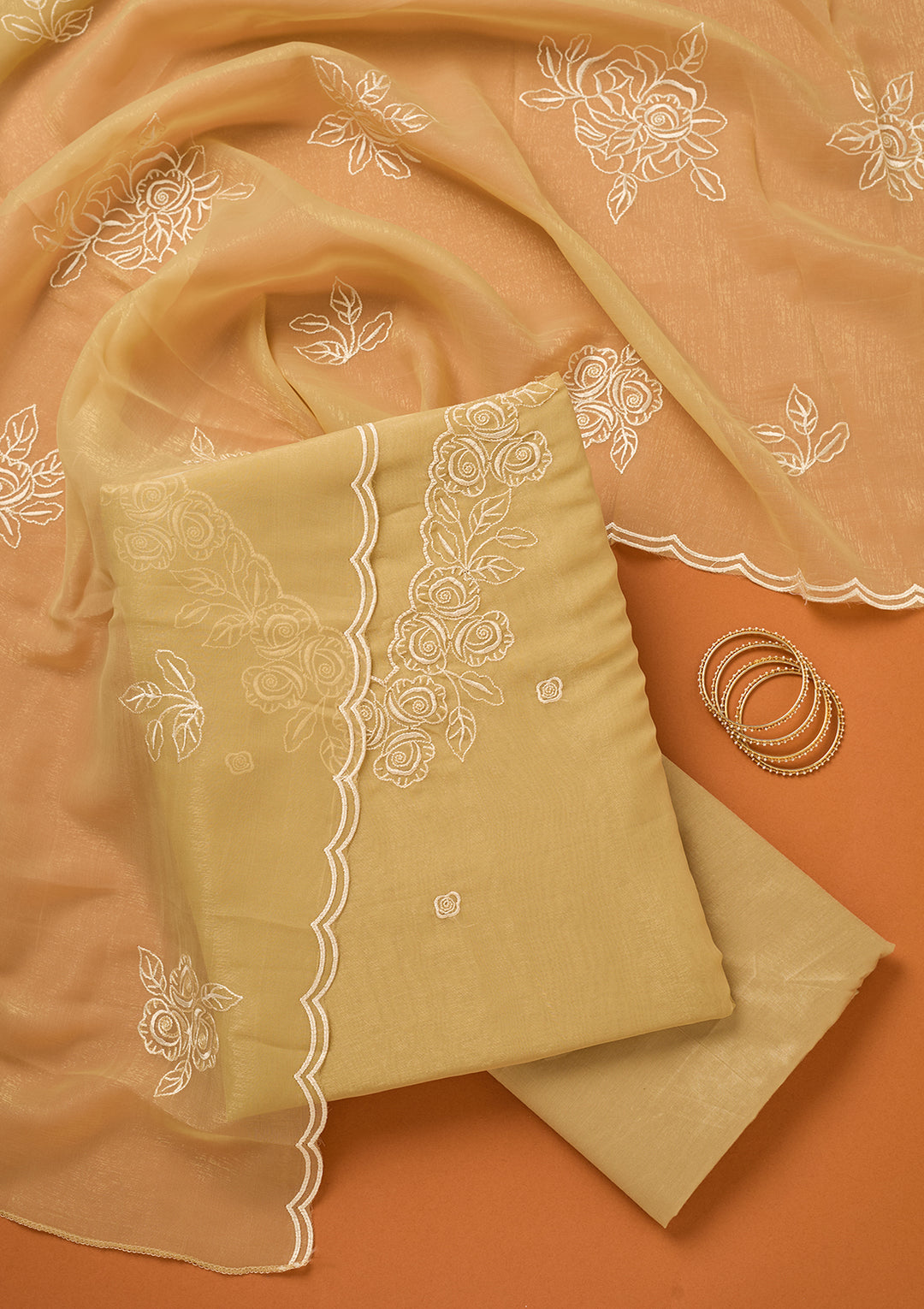 Beige Threadwork Tissue Unstitched Salwar Suit