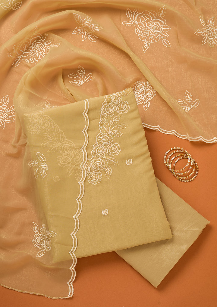Beige Threadwork Tissue Unstitched Salwar Suit