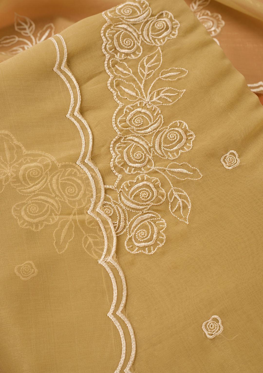 Beige Threadwork Tissue Unstitched Salwar Suit