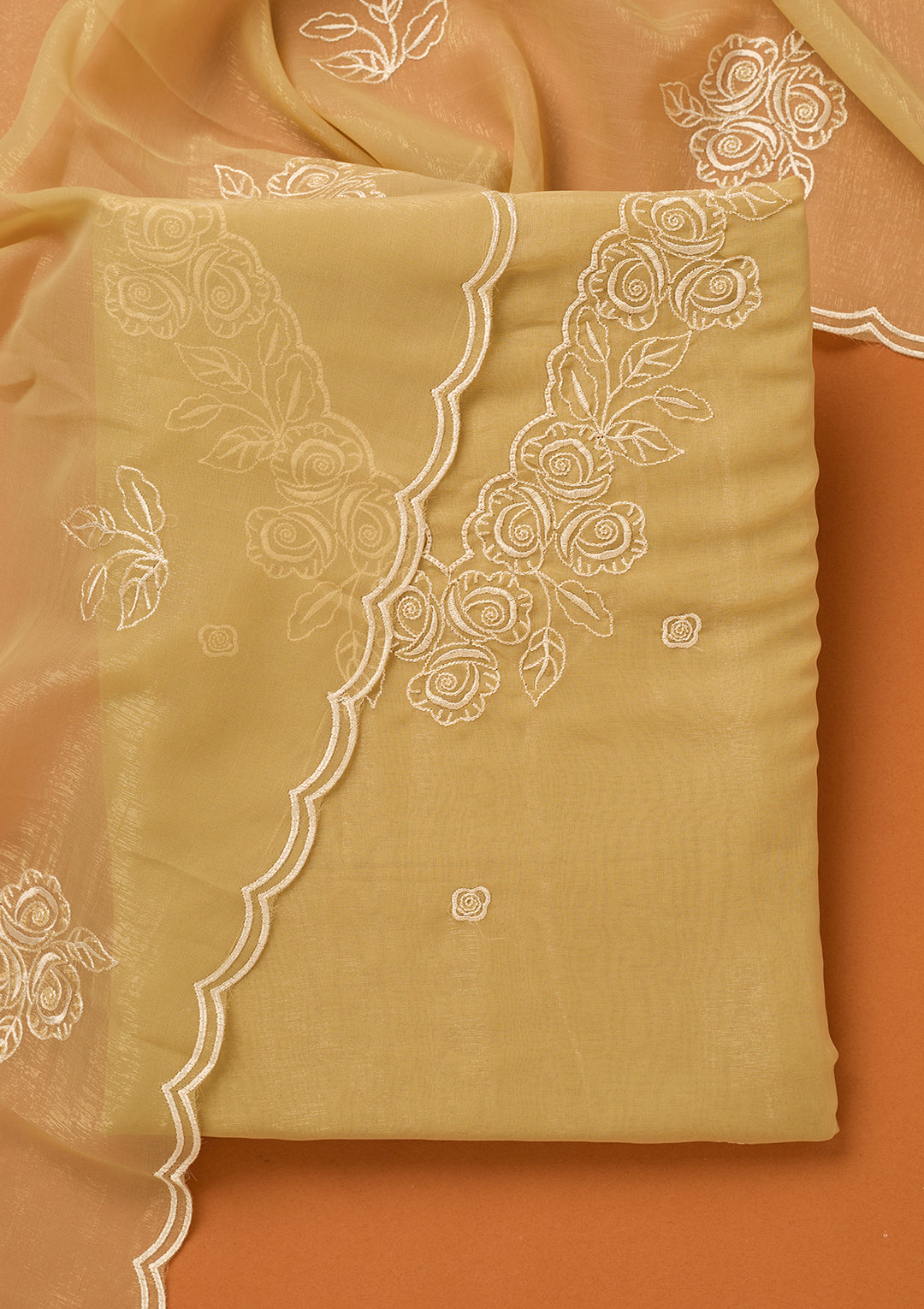Beige Threadwork Tissue Unstitched Salwar Suit