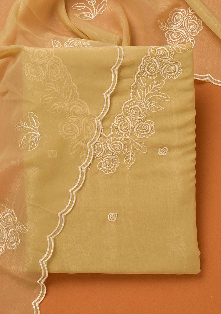 Beige Threadwork Tissue Unstitched Salwar Suit