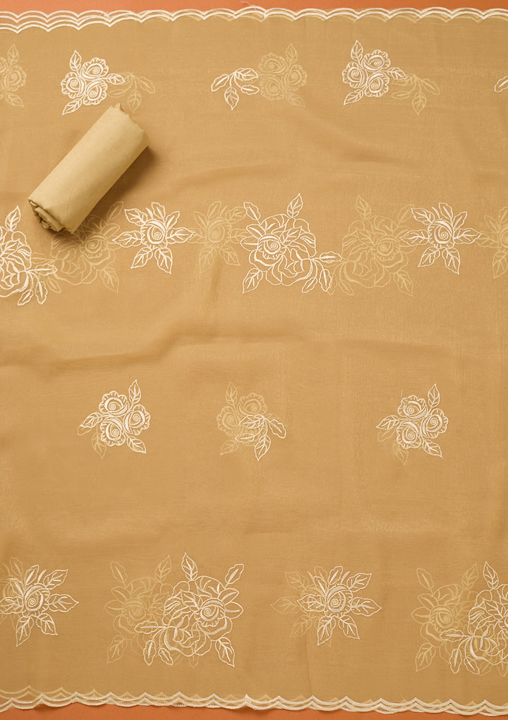 Beige Threadwork Tissue Unstitched Salwar Suit