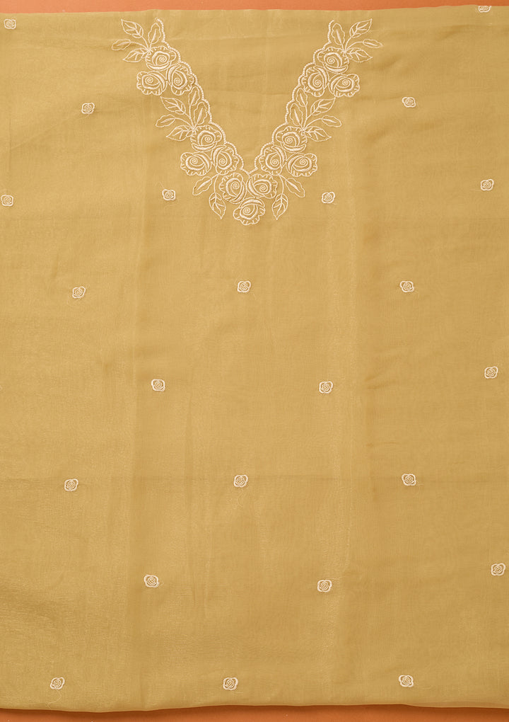Beige Threadwork Tissue Unstitched Salwar Suit