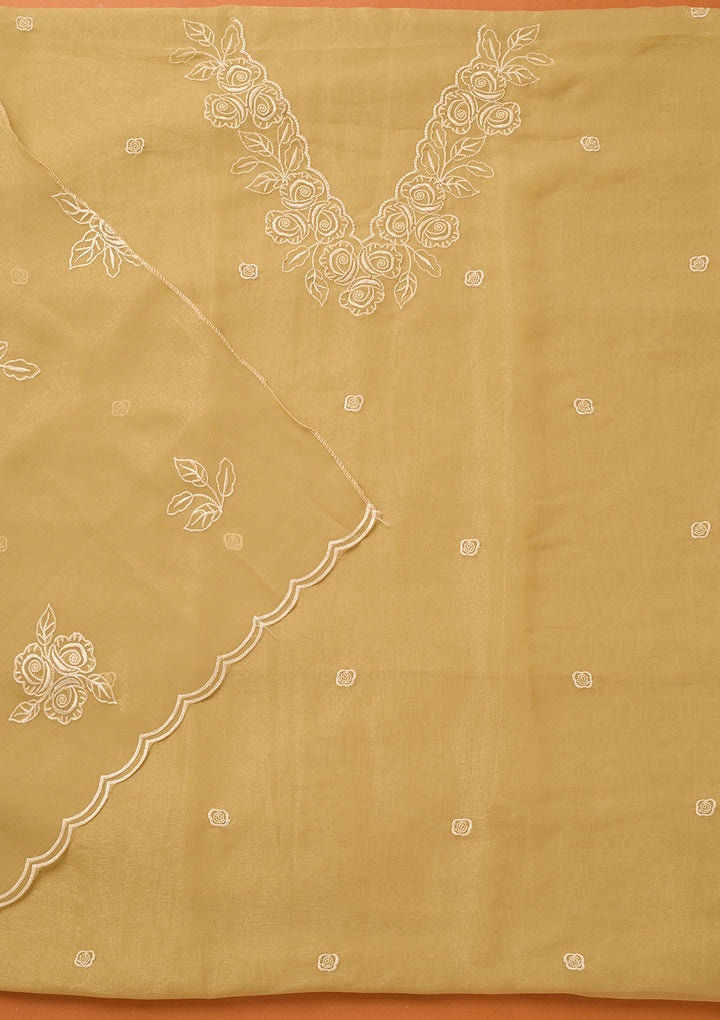 Beige Threadwork Tissue Unstitched Salwar Suit