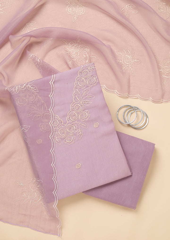 Lavender Tissue Threadwork Unstitched Dress Material With Matching Bottom And Dupatta
