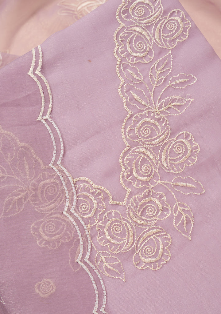 Lavender Tissue Threadwork Unstitched Dress Material With Matching Bottom And Dupatta