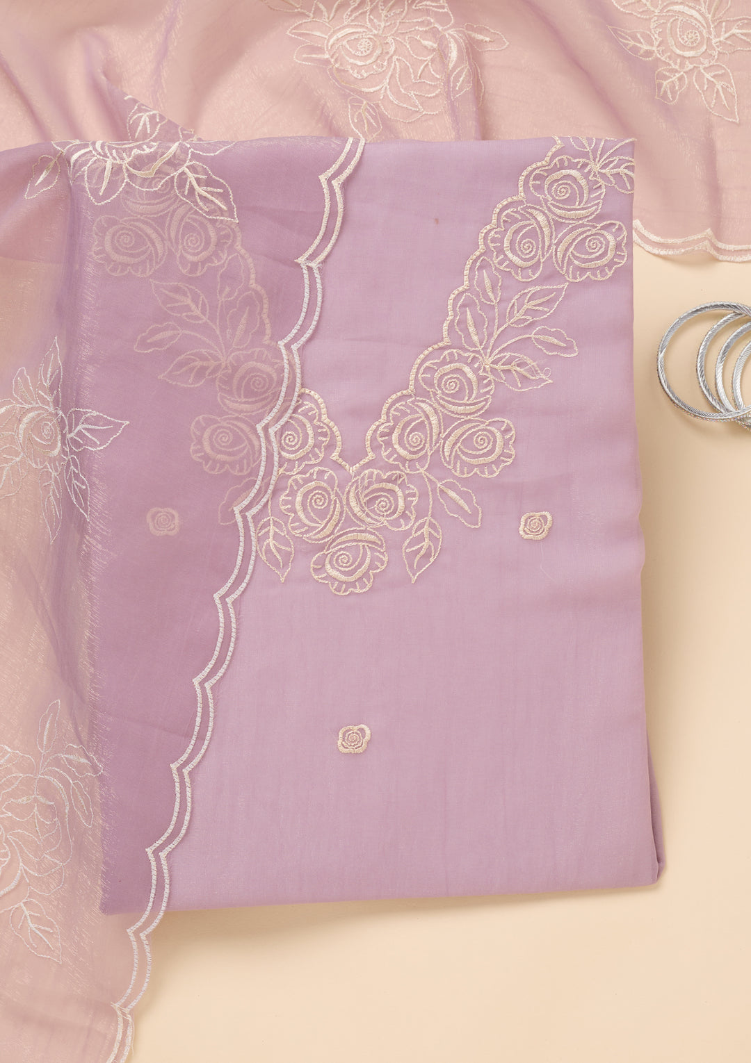 Lavender Tissue Threadwork Unstitched Dress Material With Matching Bottom And Dupatta