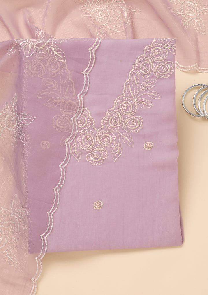 Lavender Tissue Threadwork Unstitched Dress Material With Matching Bottom And Dupatta