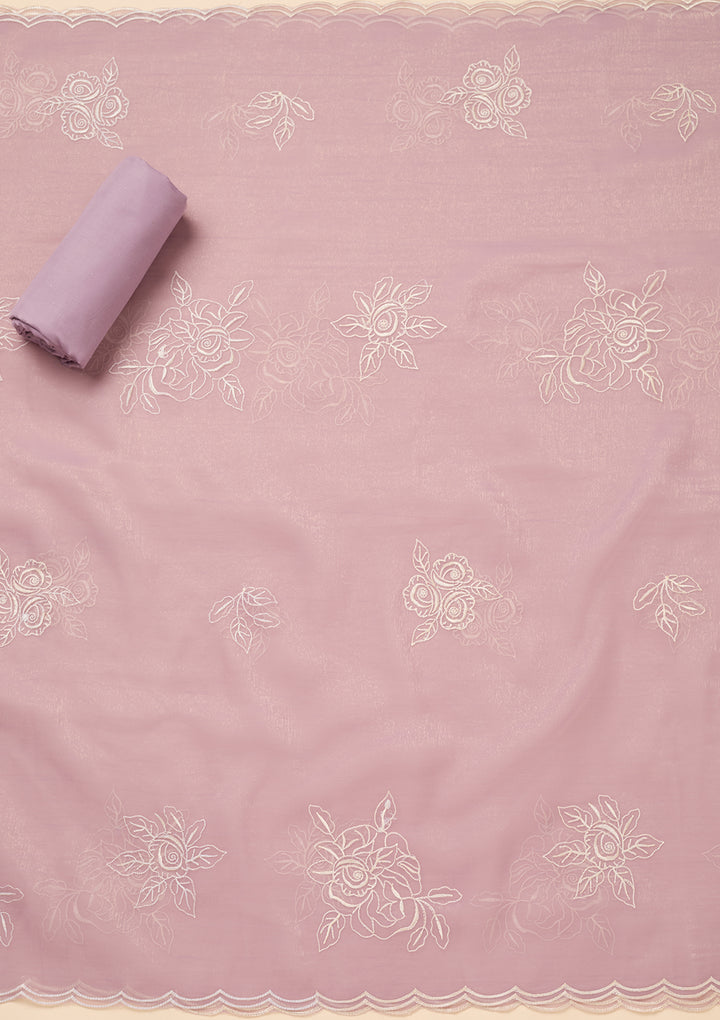 Lavender Tissue Threadwork Unstitched Dress Material With Matching Bottom And Dupatta