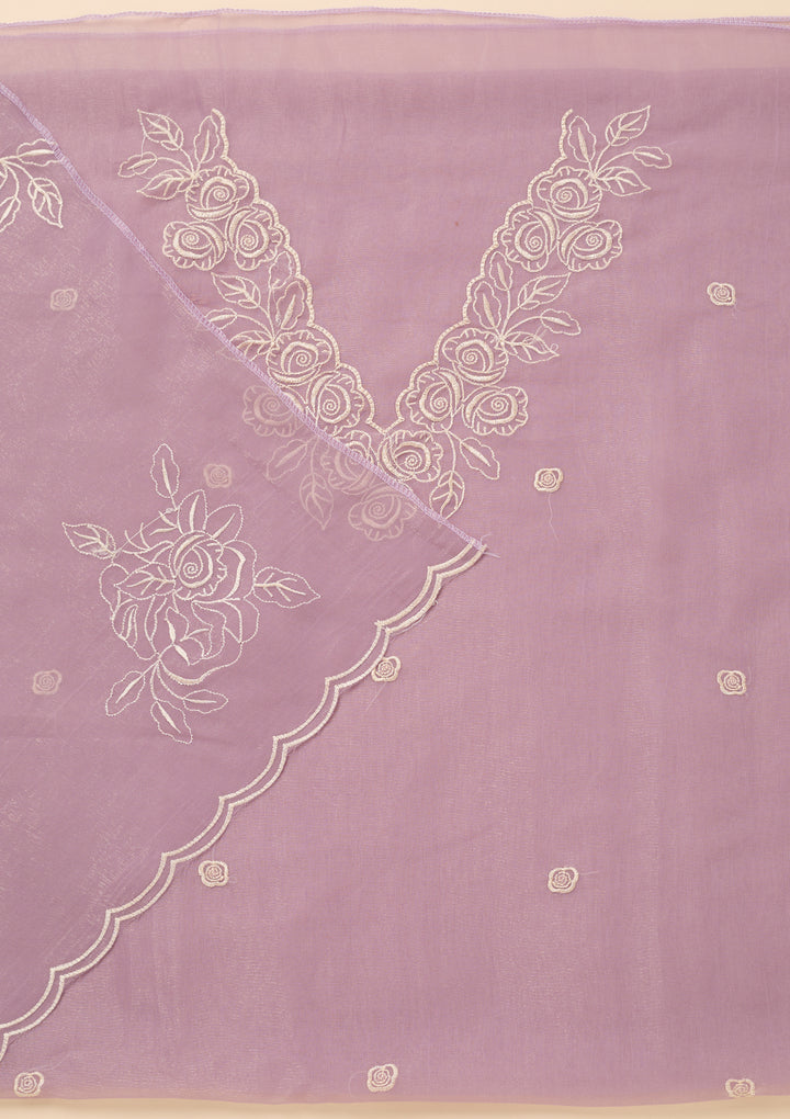 Lavender Tissue Threadwork Unstitched Dress Material With Matching Bottom And Dupatta