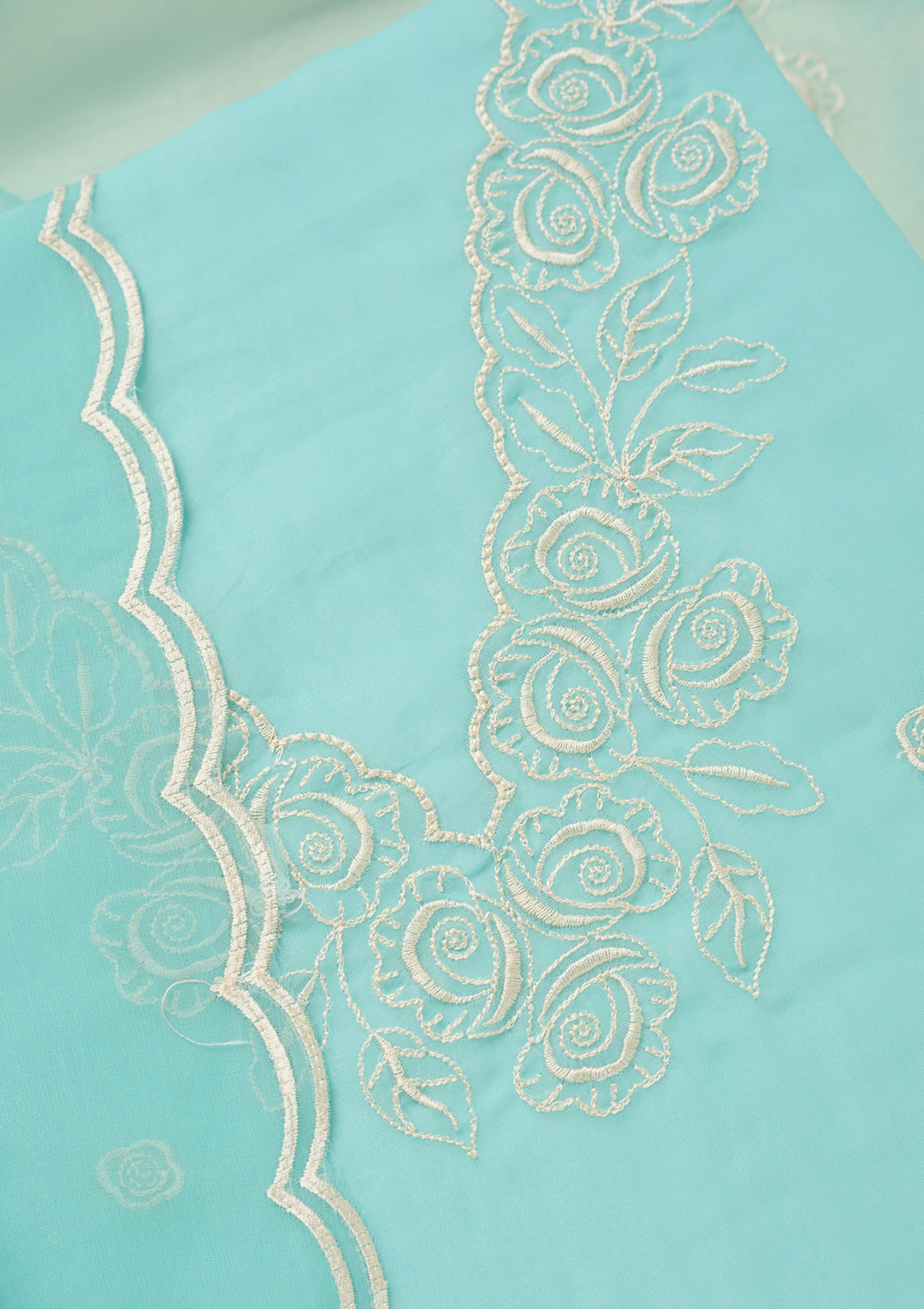 Sky Blue Tissue Threadwork Unstitched Dress Material With Matching Bottom And Dupatta