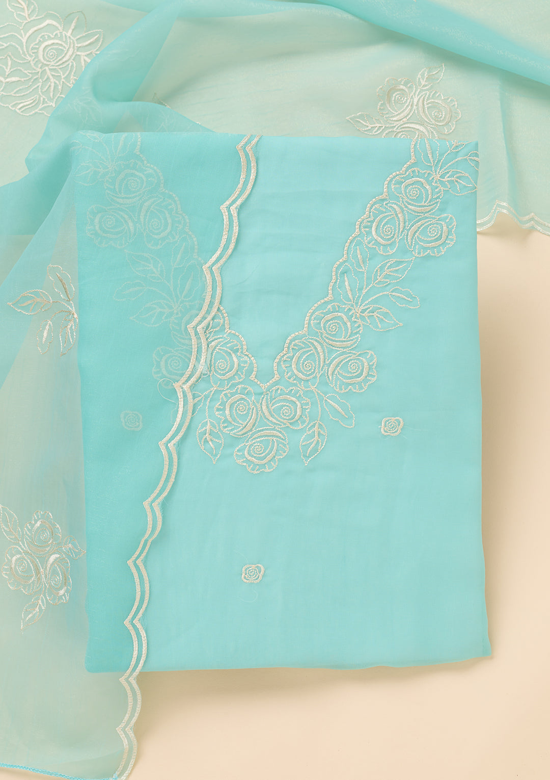 Sky Blue Tissue Threadwork Unstitched Dress Material With Matching Bottom And Dupatta