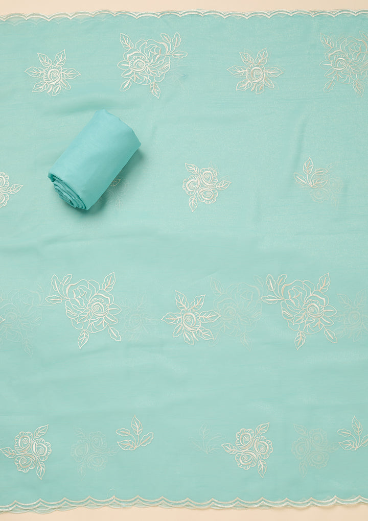 Sky Blue Tissue Threadwork Unstitched Dress Material With Matching Bottom And Dupatta